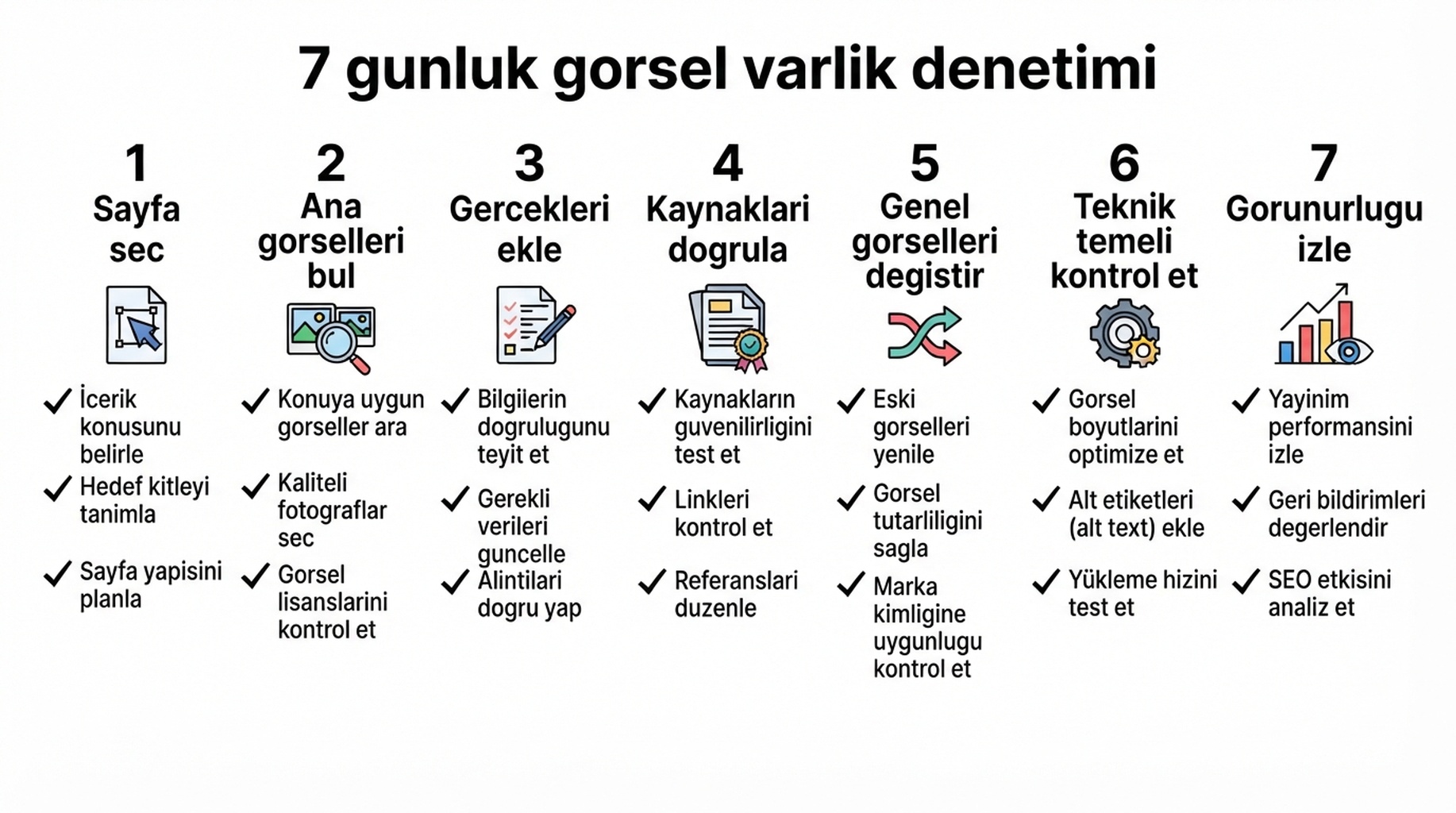 Oncelikli web sayfalarindaki temel gorsel varliklari denetlemek icin yedi gunluk is akisi