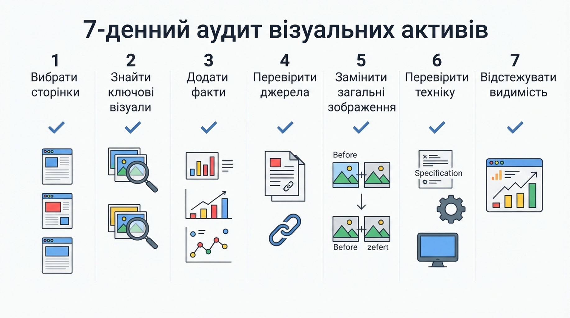 Семиденний робочий процес для аудиту ключових візуальних активів на пріоритетних сторінках сайту