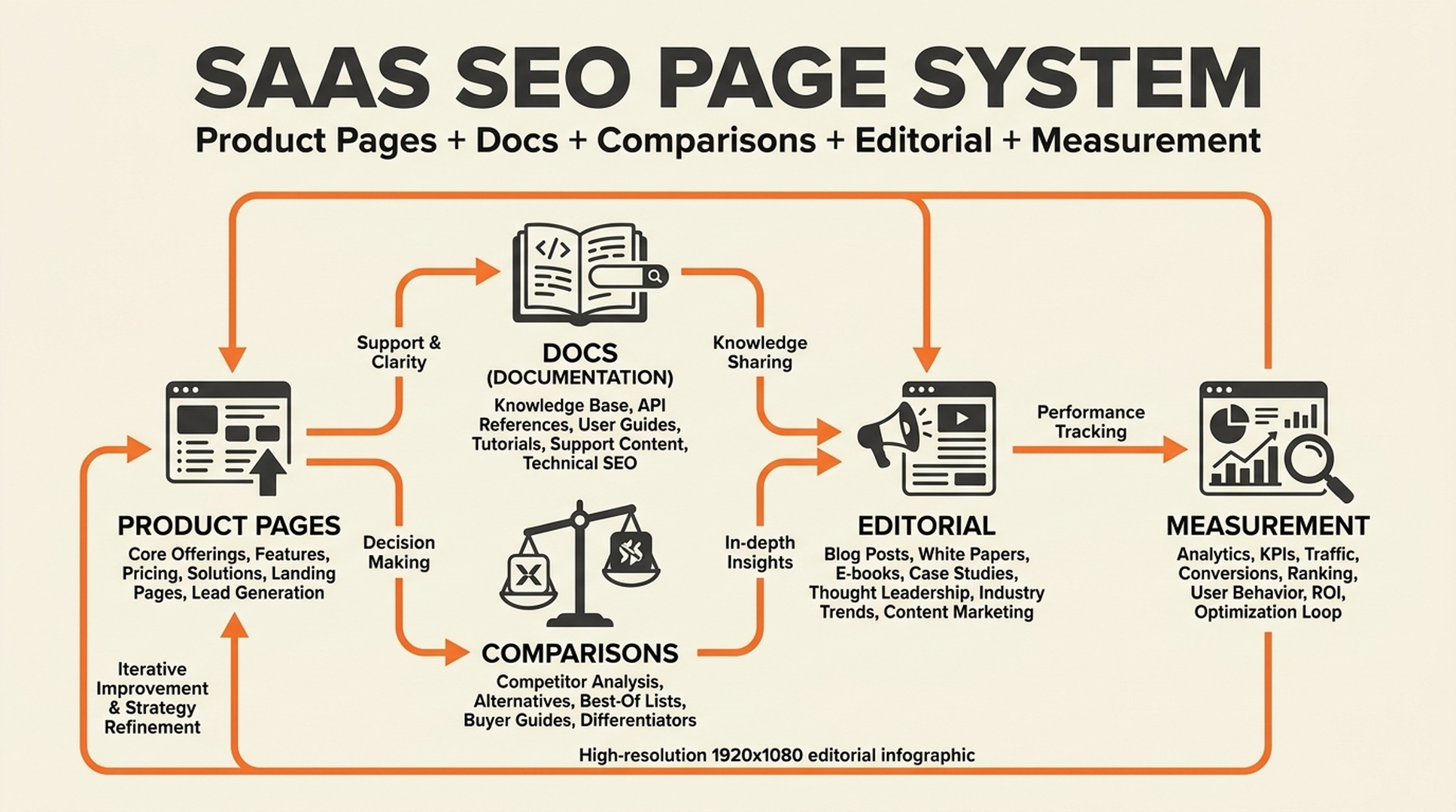 SaaS SEO page system connecting product pages, documentation, comparisons, editorial content, and measurement