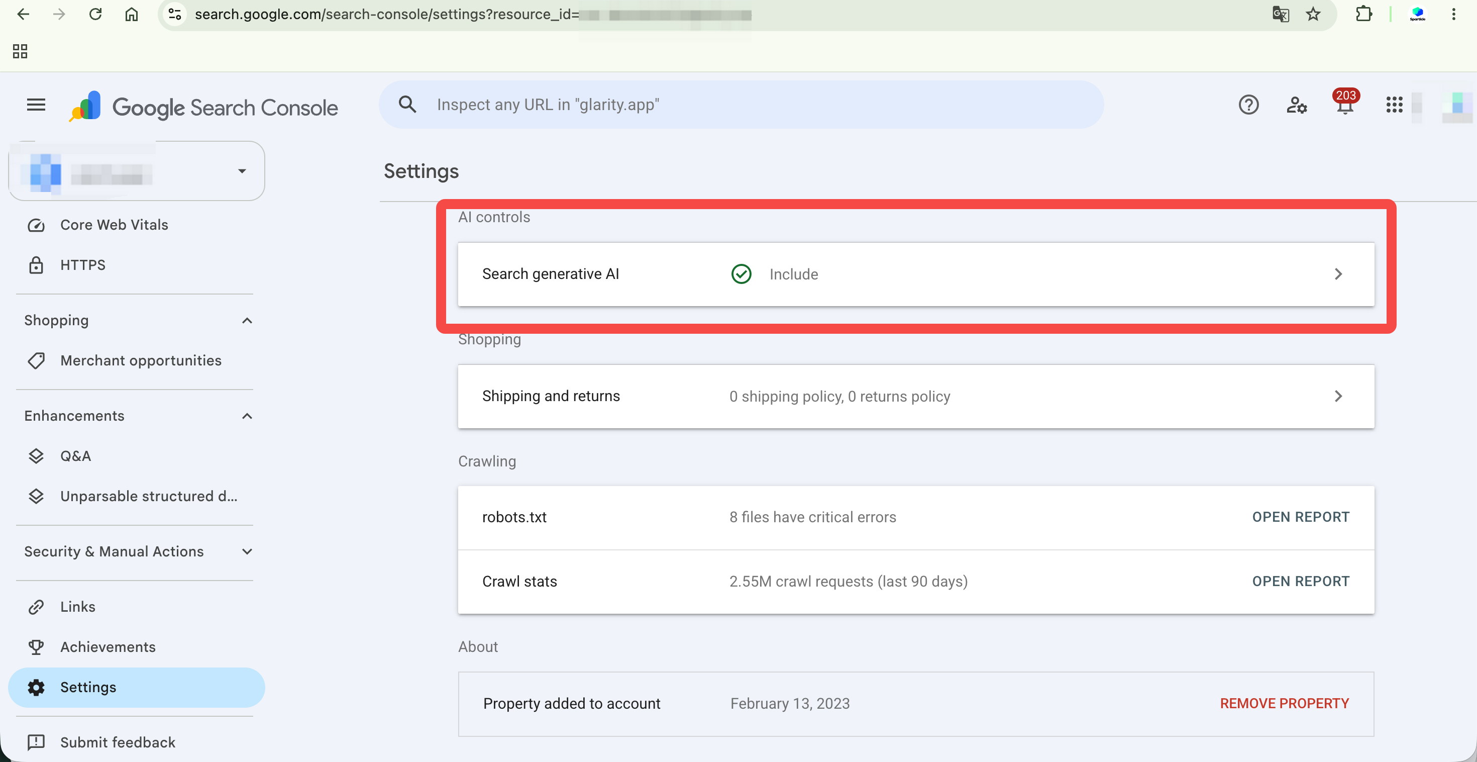 Google Search Console Settings screen with the AI controls section and Search generative AI row highlighted