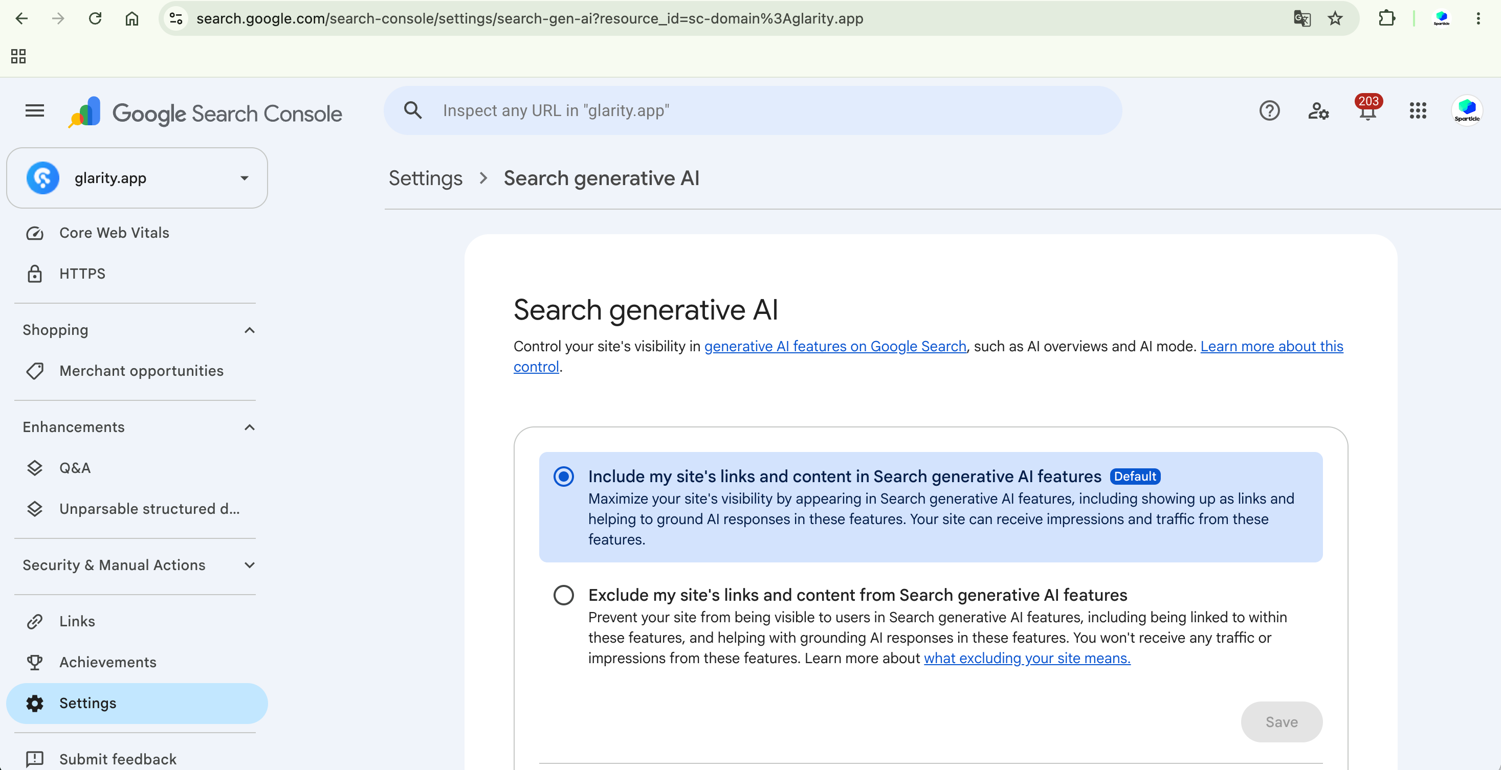 Google Search Console Search generative AI screen showing Include as the default and Exclude as the property-wide alternative