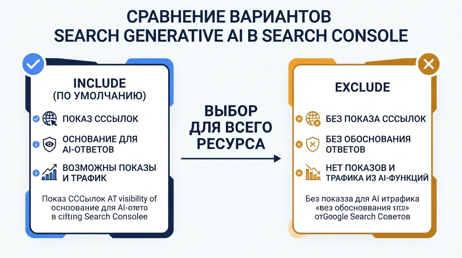 Русскоязычная инфографика, сравнивающая Include по умолчанию и ресурсный вариант Exclude для Search generative AI