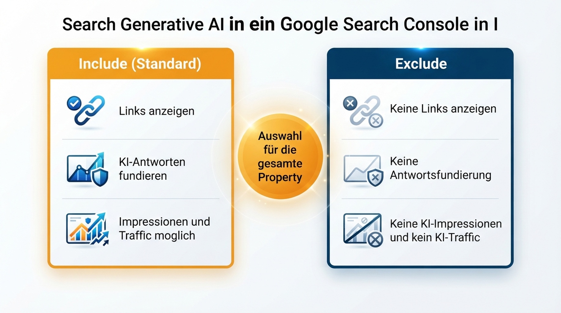 Deutschsprachige Infografik, die Einschliessen als Standard und Ausschliessen als Alternative für die gesamte Property in Search generative AI vergleicht
