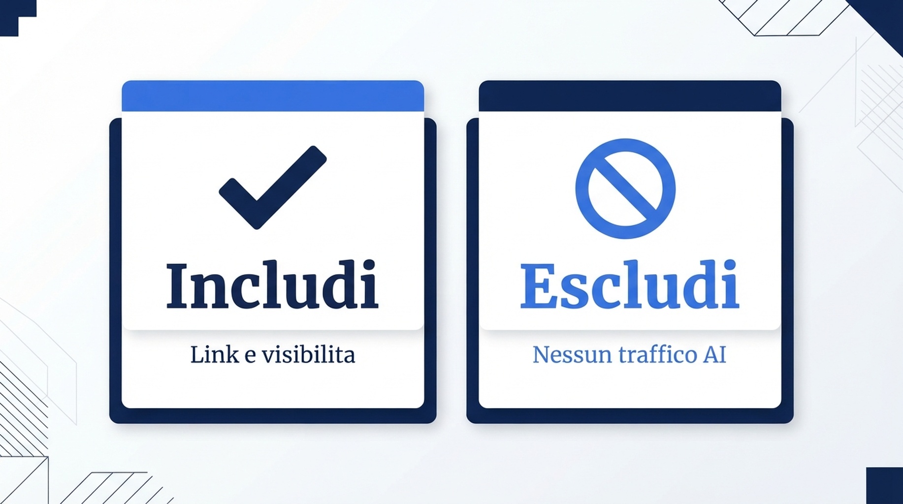 Infografica italiana che confronta l'inclusione predefinita con l'esclusione a livello dell'intera proprieta per Search generative AI