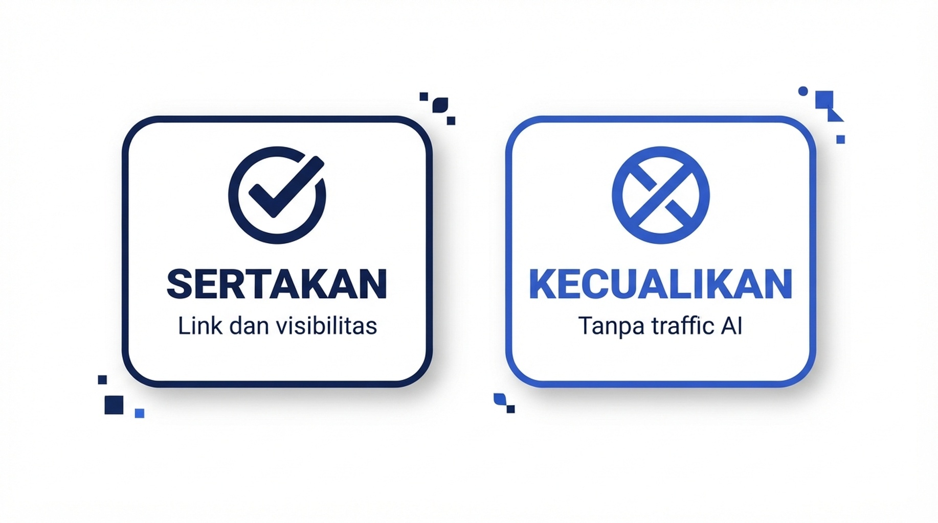 Infografik Indonesia yang membandingkan Include default dengan Exclude sebagai pilihan untuk seluruh properti di Search generative AI