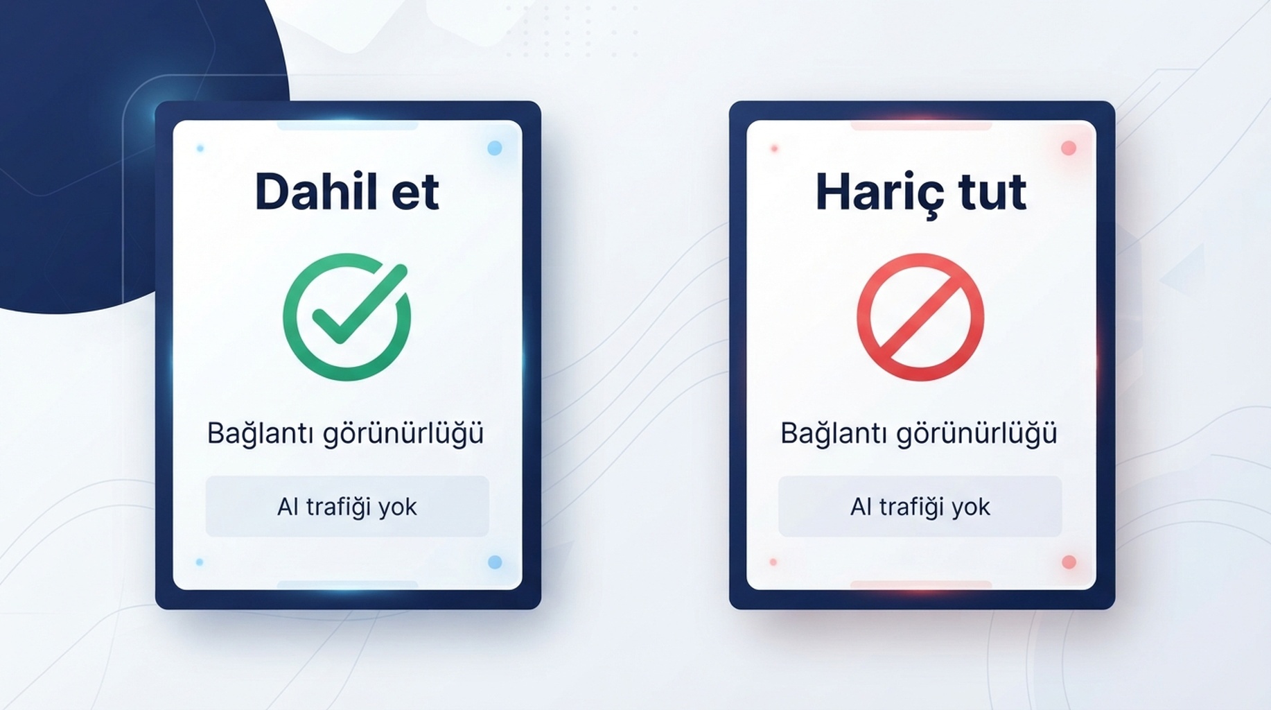 Turkce infografik: Search generative AI icin varsayilan dahil etme ile tum property icin hariç tutma seceneginin karsilastirmasi
