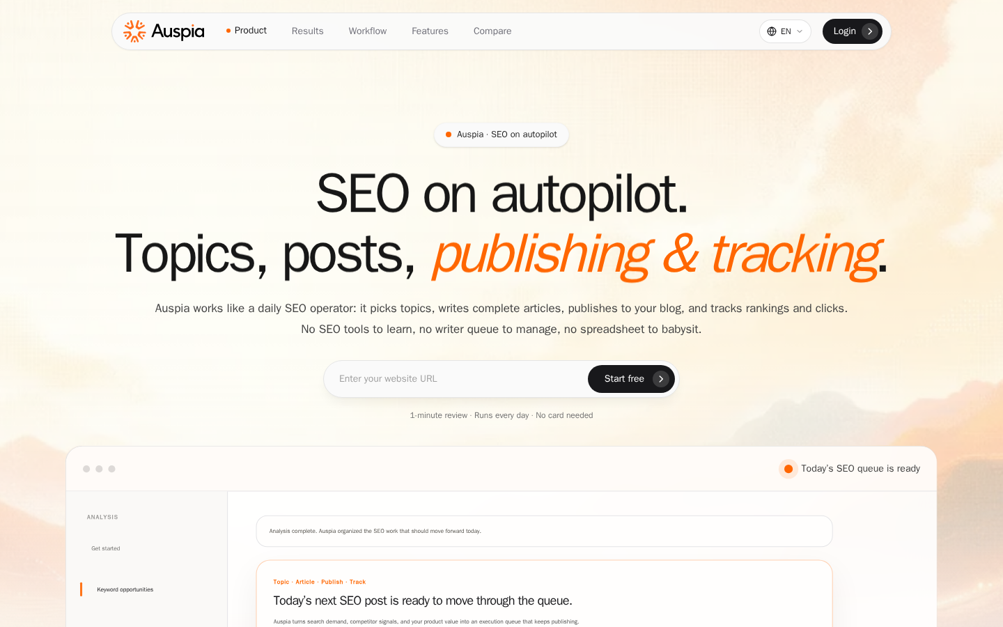 Auspia homepage showing SEO on autopilot, with topics, posts, publishing, and tracking