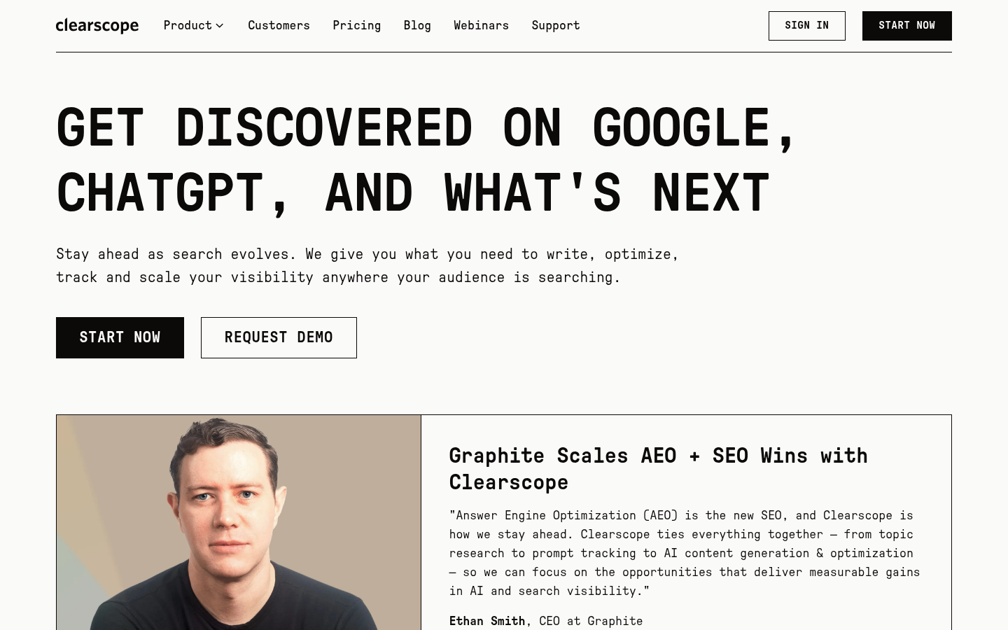 Clearscope homepage hero describing SEO and answer engine optimization
