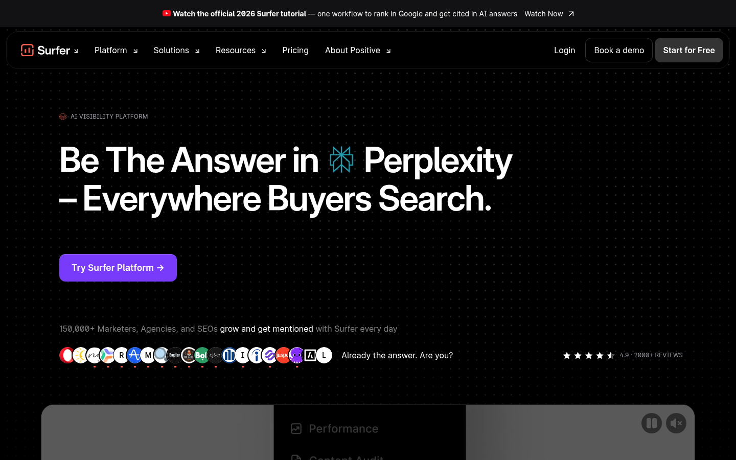Surfer homepage hero focused on buyer search visibility in Perplexity