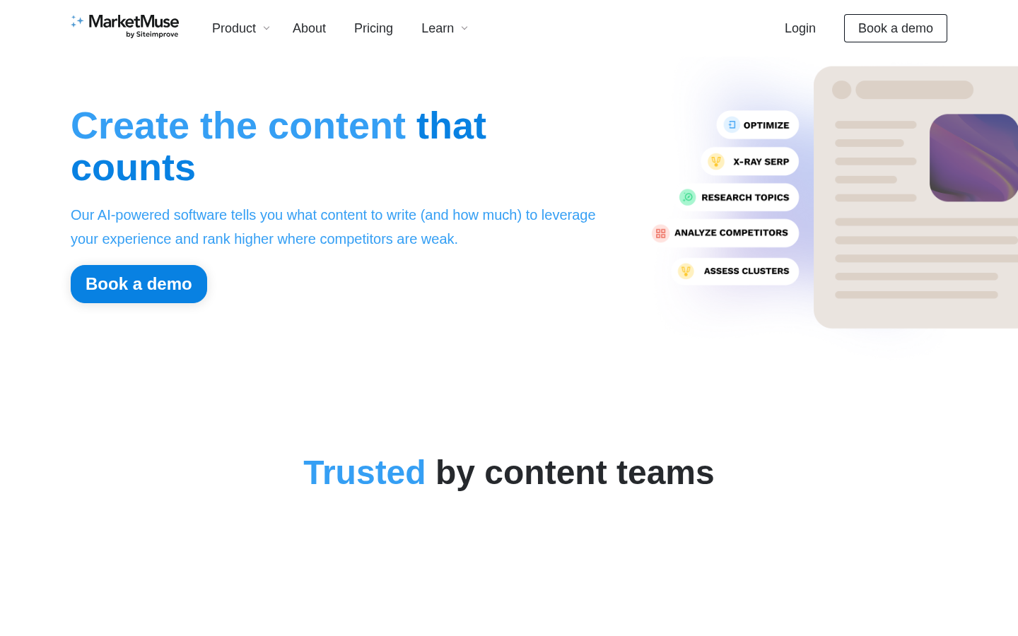 MarketMuse homepage showing its content research and optimization workflow