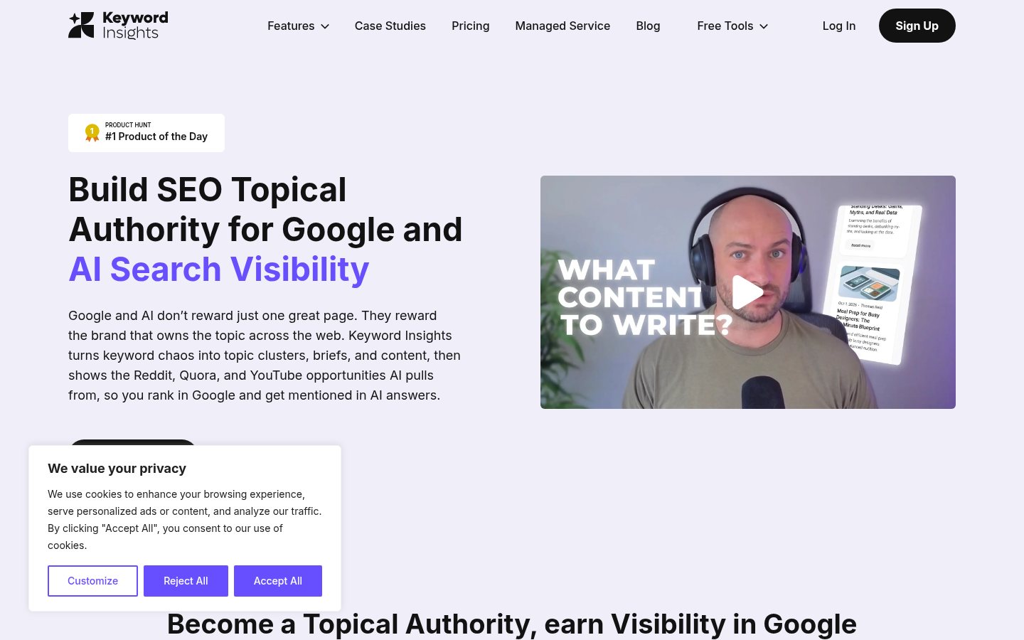 Keyword Insights homepage promoting SEO topical authority and AI-search visibility