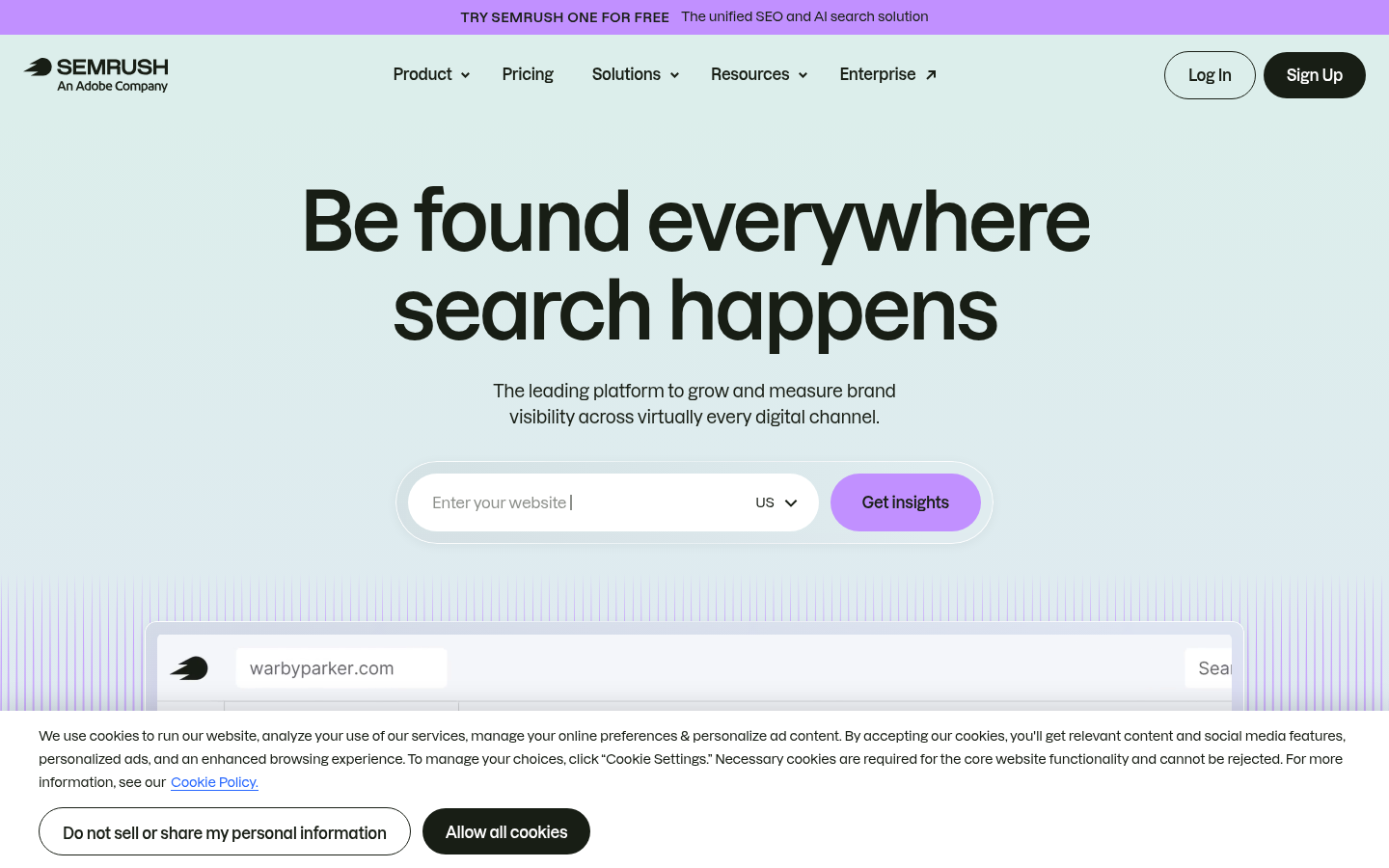 Semrush homepage hero describing all-channel search visibility