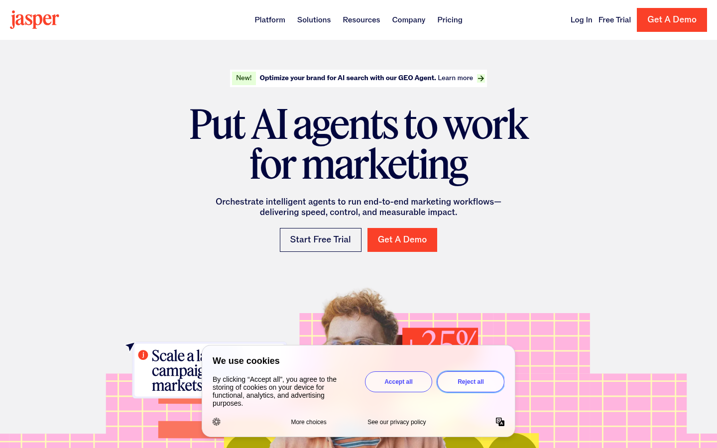 Jasper homepage hero about AI agents for marketing