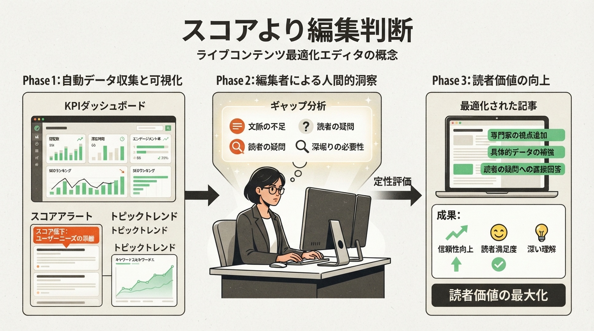 Surferのようなライブ最適化エディタの利用場面を示す日本語のインフォグラフィック