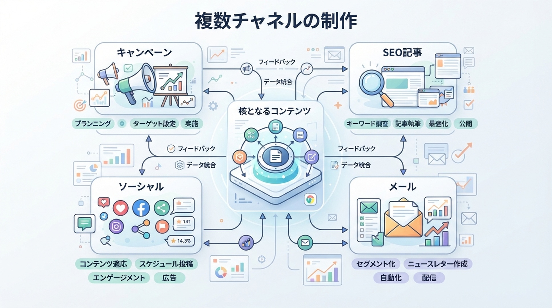 Jasperに適した複数チャネルのマーケティング制作フローを示す日本語のインフォグラフィック