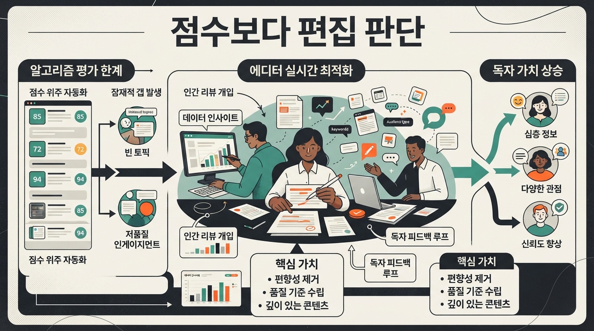 점수보다 사람의 편집 판단을 우선하는 라이브 콘텐츠 최적화 방식을 보여주는 한국어 인포그래픽