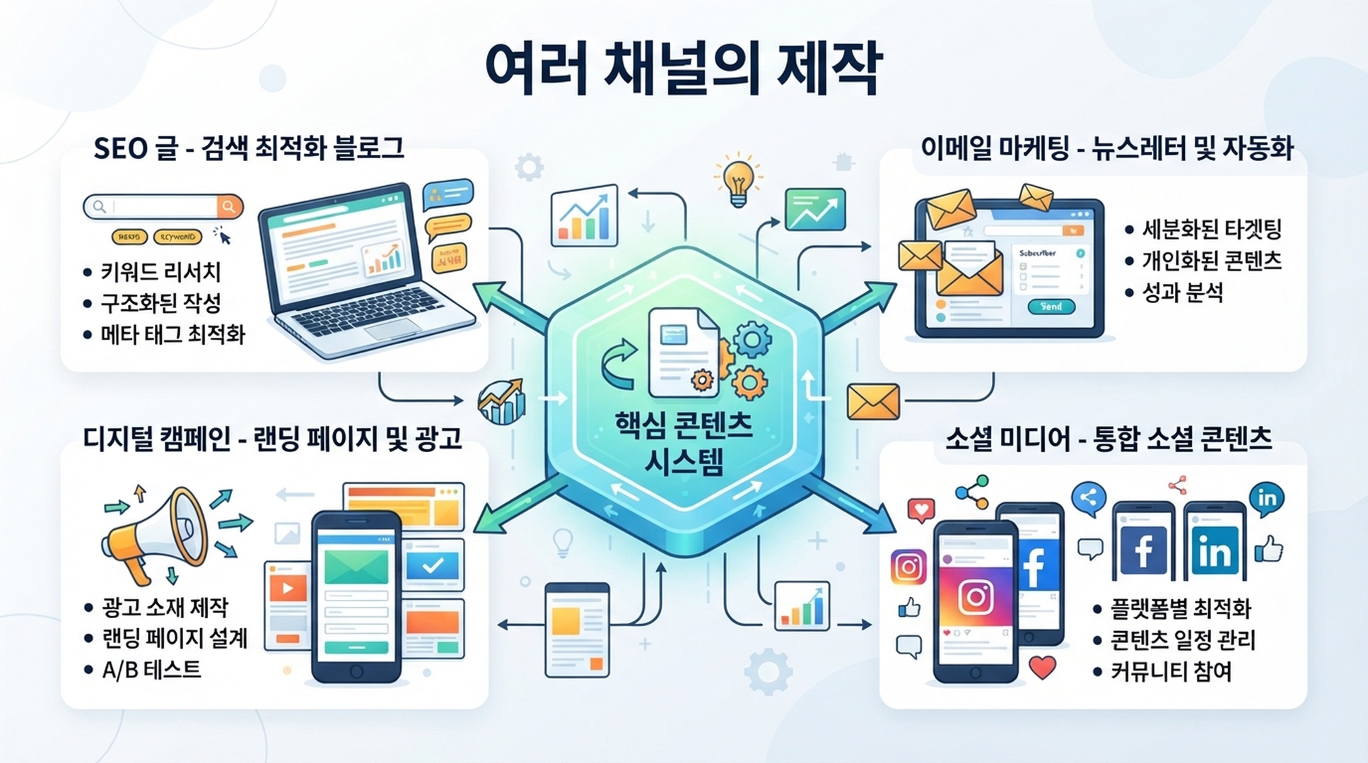 SEO 글, 이메일, 캠페인, 소셜 콘텐츠를 하나의 시스템으로 연결하는 다중 채널 제작 흐름을 보여주는 한국어 인포그래픽