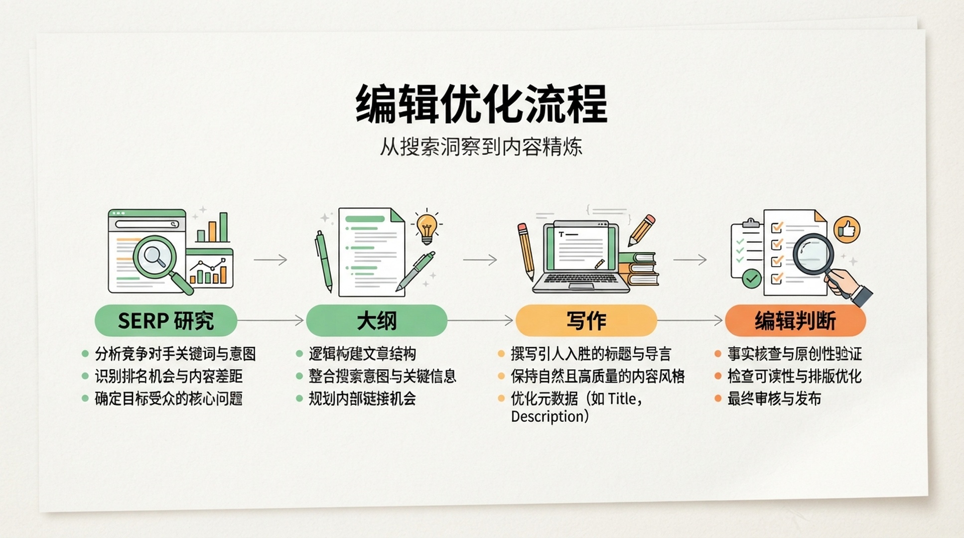 展示从 SERP 研究、内容大纲、写作到编辑判断的简体中文信息图