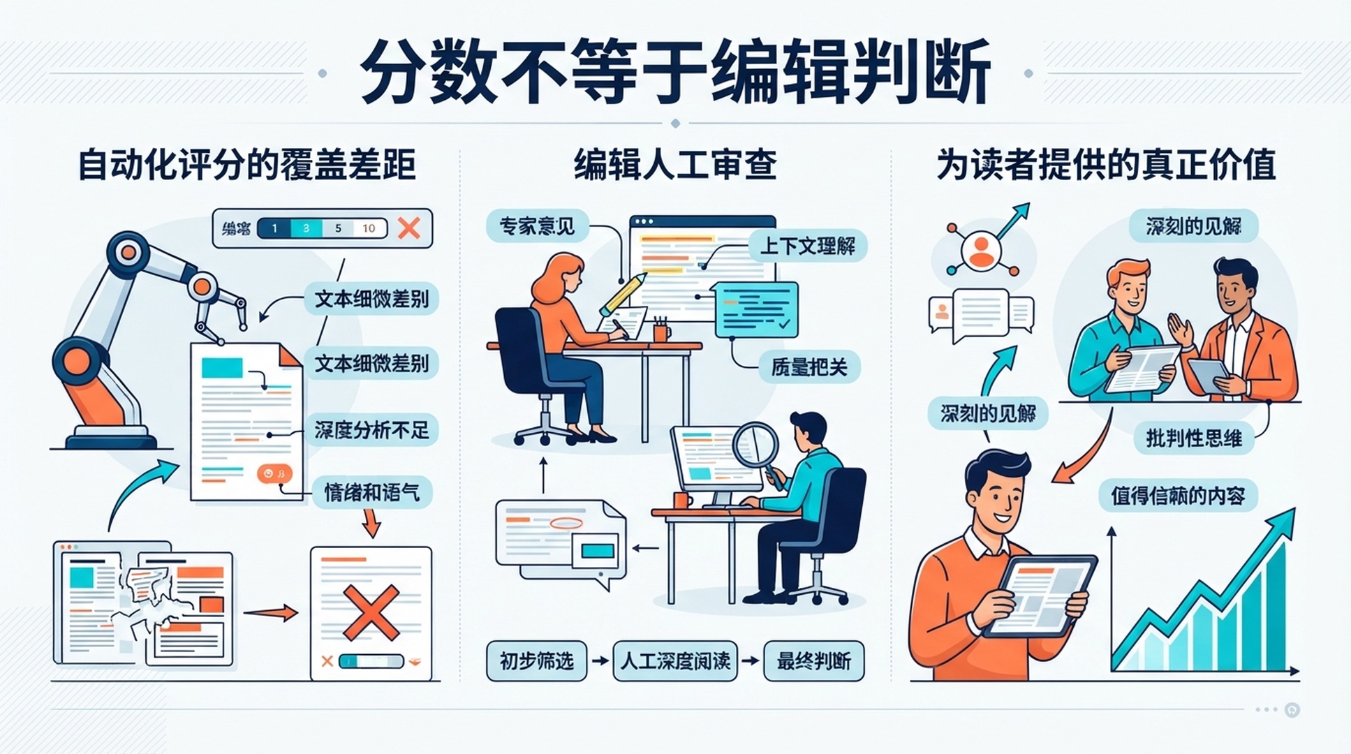 说明内容优化中覆盖缺口、人工审核和读者价值关系的简体中文信息图