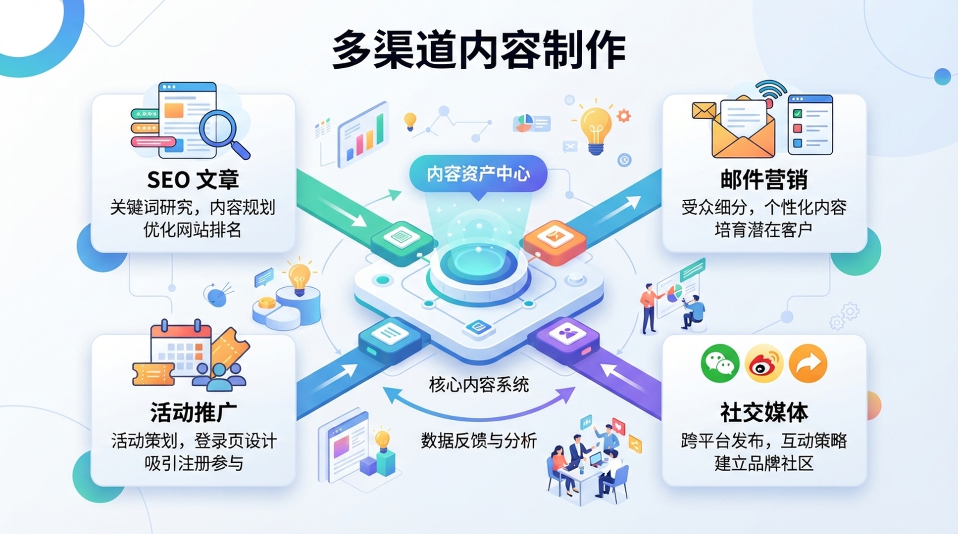 展示 SEO 文章、邮件、活动和社交内容协同生产的简体中文多渠道内容信息图