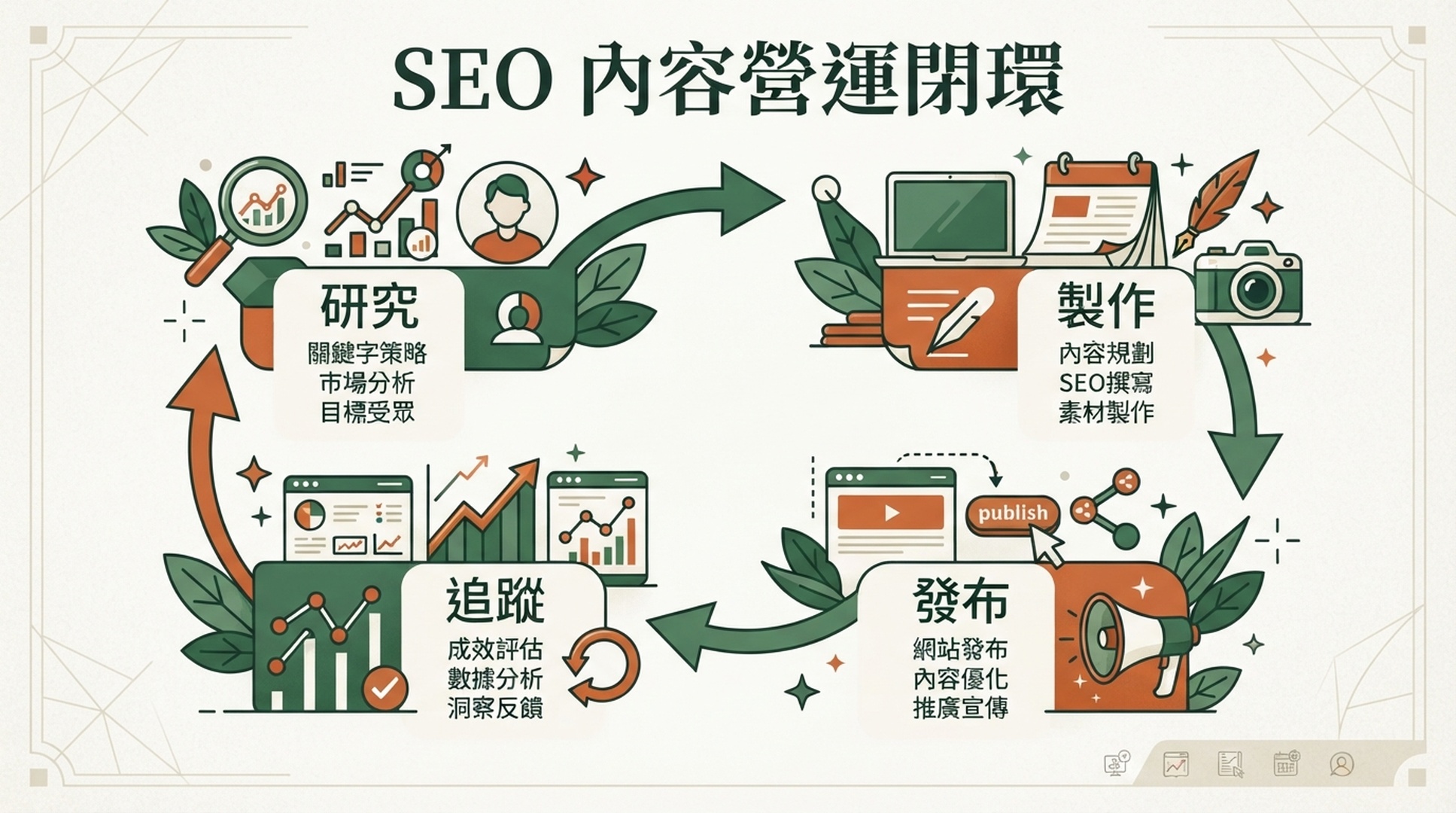 說明 Auspia SEO 內容營運閉環的繁體中文編輯資訊圖
