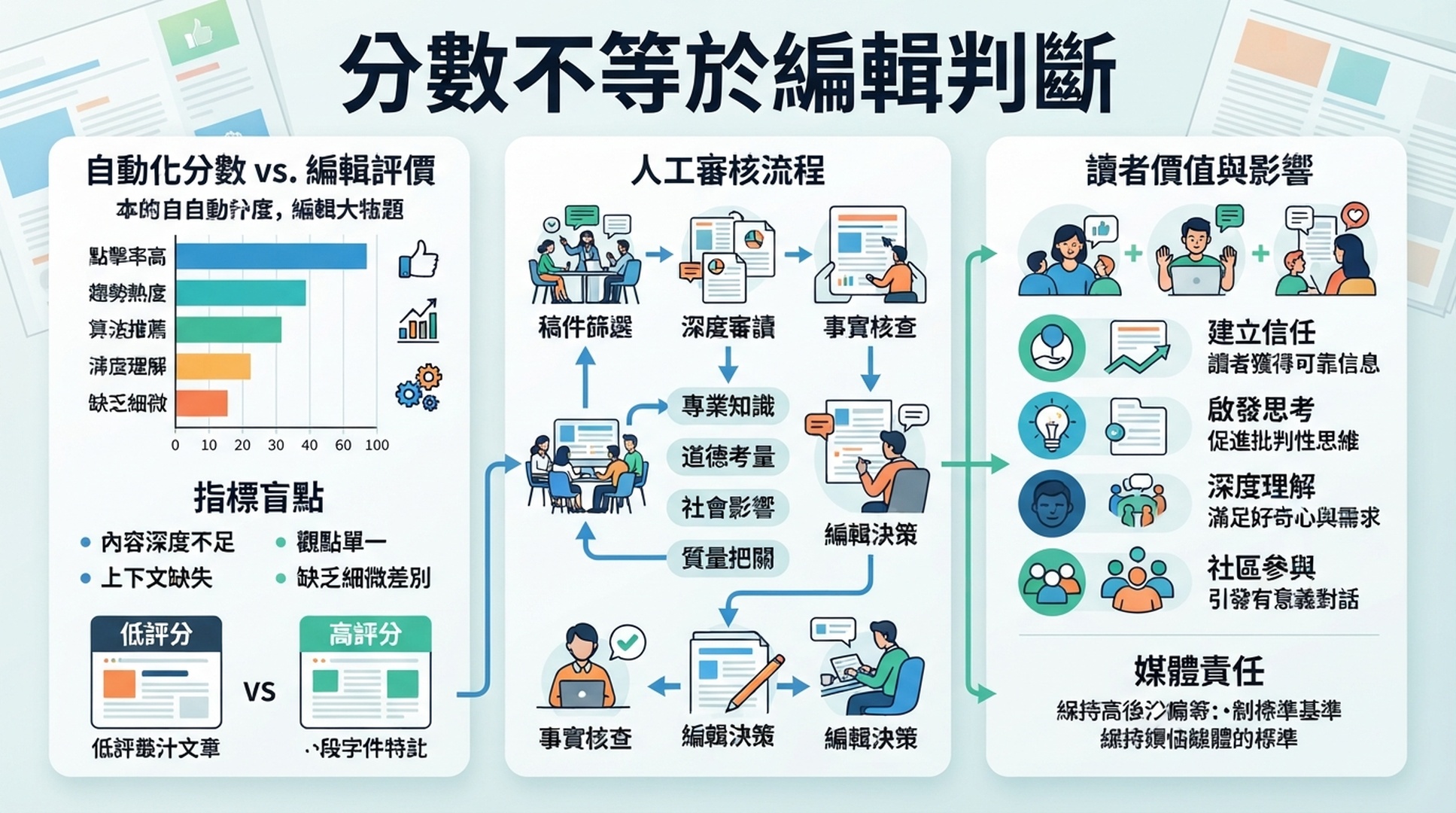 說明內容最佳化中涵蓋缺口、人工審核和讀者價值關係的繁體中文資訊圖