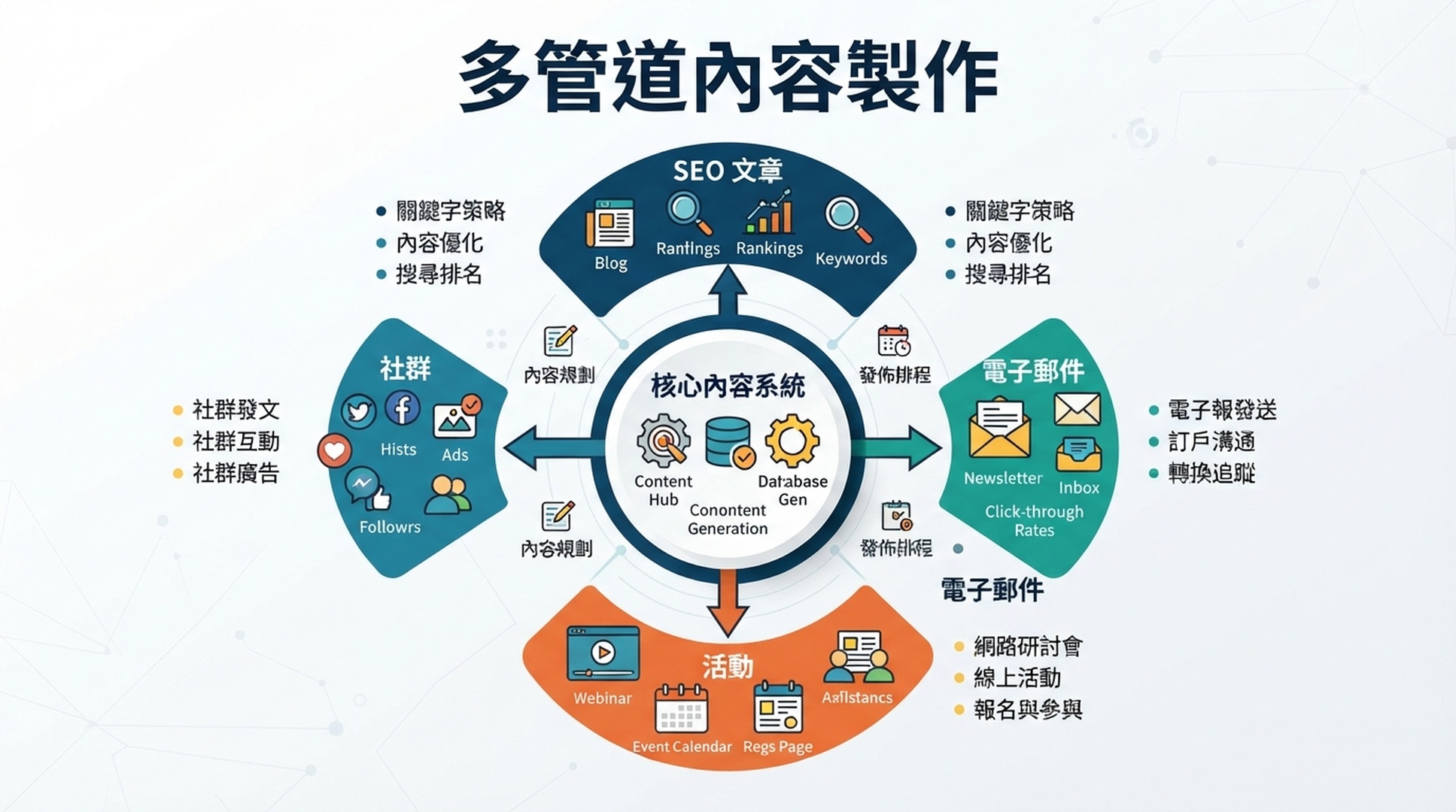 展示 SEO 文章、電子郵件、活動和社群內容協同製作的繁體中文多管道內容資訊圖