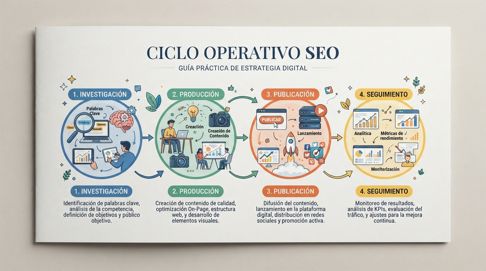 Infografia editorial en espanol que explica el ciclo operativo de contenido SEO de Auspia