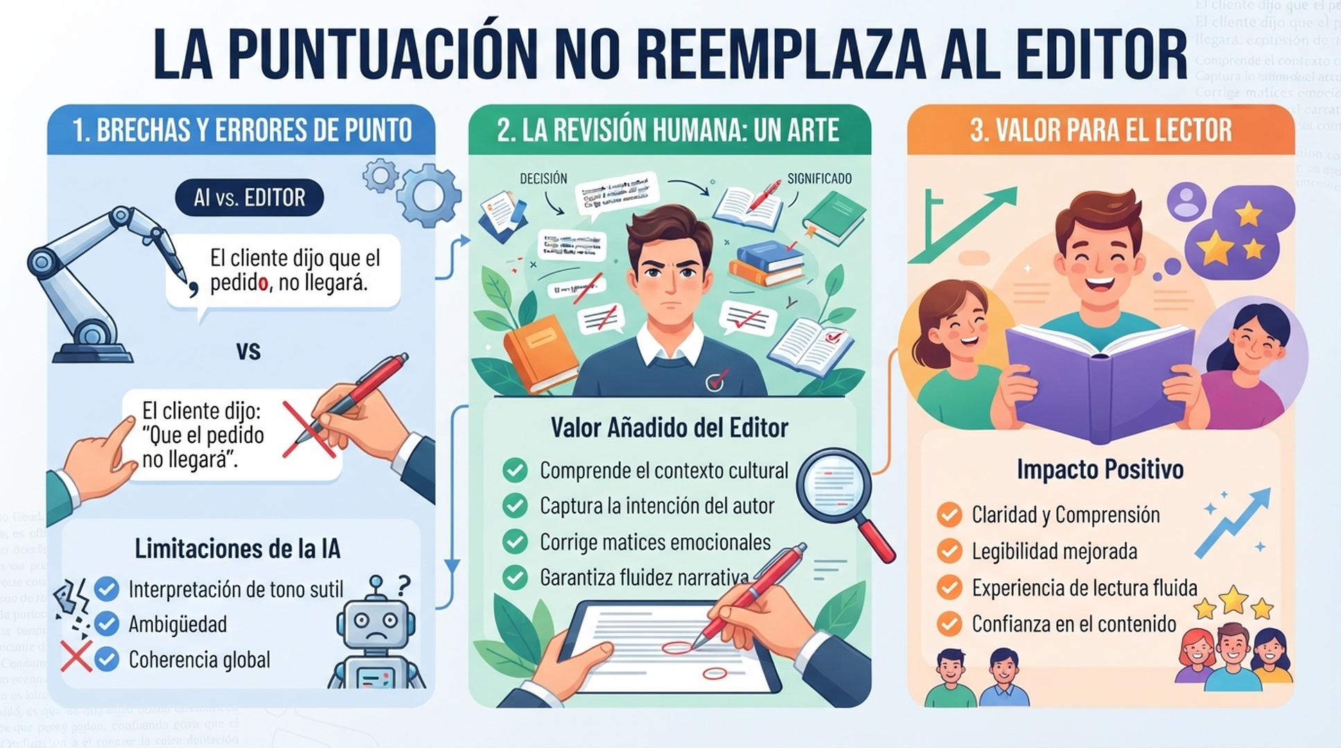 Infografia en espanol que muestra vacios de cobertura, revision humana y valor para el lector en la optimizacion de contenido