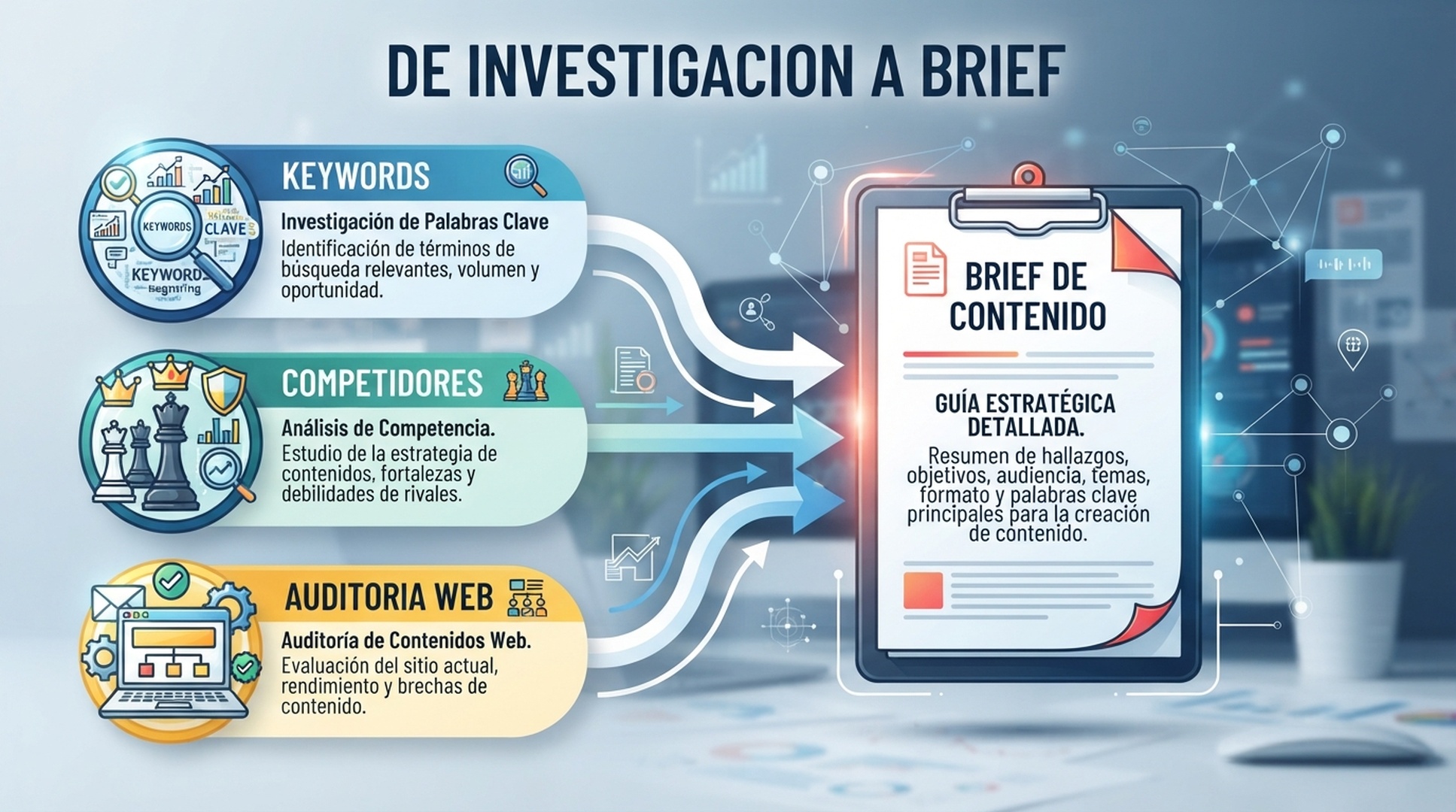 Infografia en espanol que conecta datos de keywords, competidores y auditoria con un brief de contenido