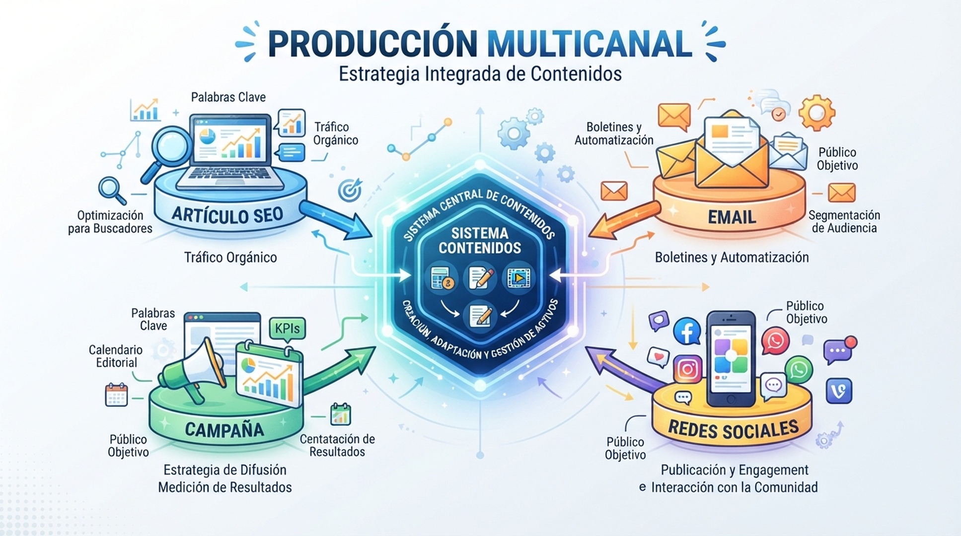 Infografia en espanol sobre produccion de contenido para SEO, correo, campanas y redes sociales