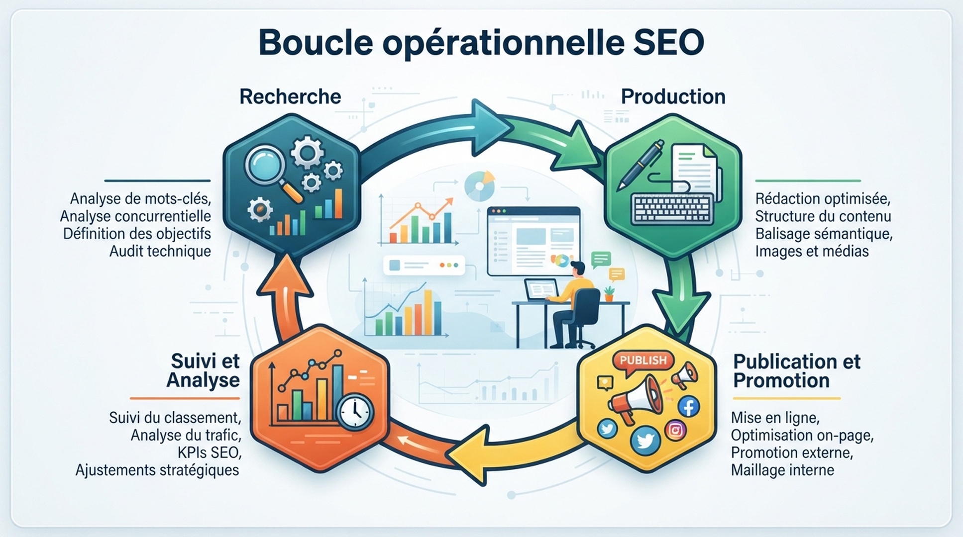 Infographie editoriale francaise expliquant la boucle operationnelle de contenu SEO d'Auspia