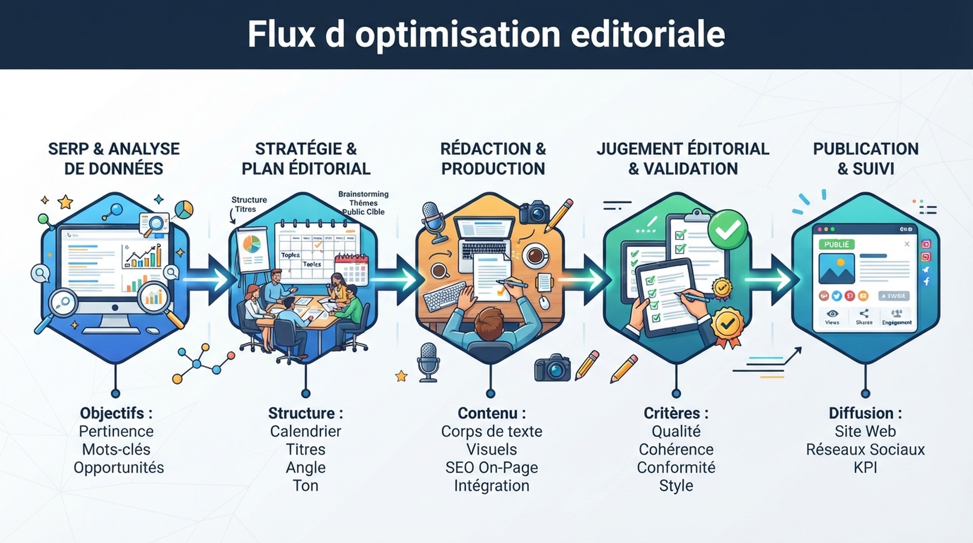 Infographie francaise sur le flux d'optimisation editoriale de la recherche SERP a la decision de l'editeur
