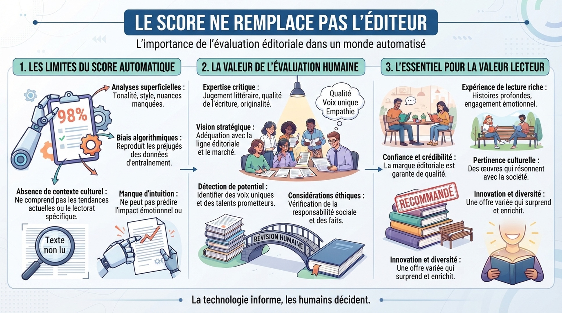 Infographie francaise montrant lacunes de couverture, revue humaine et valeur lecteur dans l'optimisation de contenu