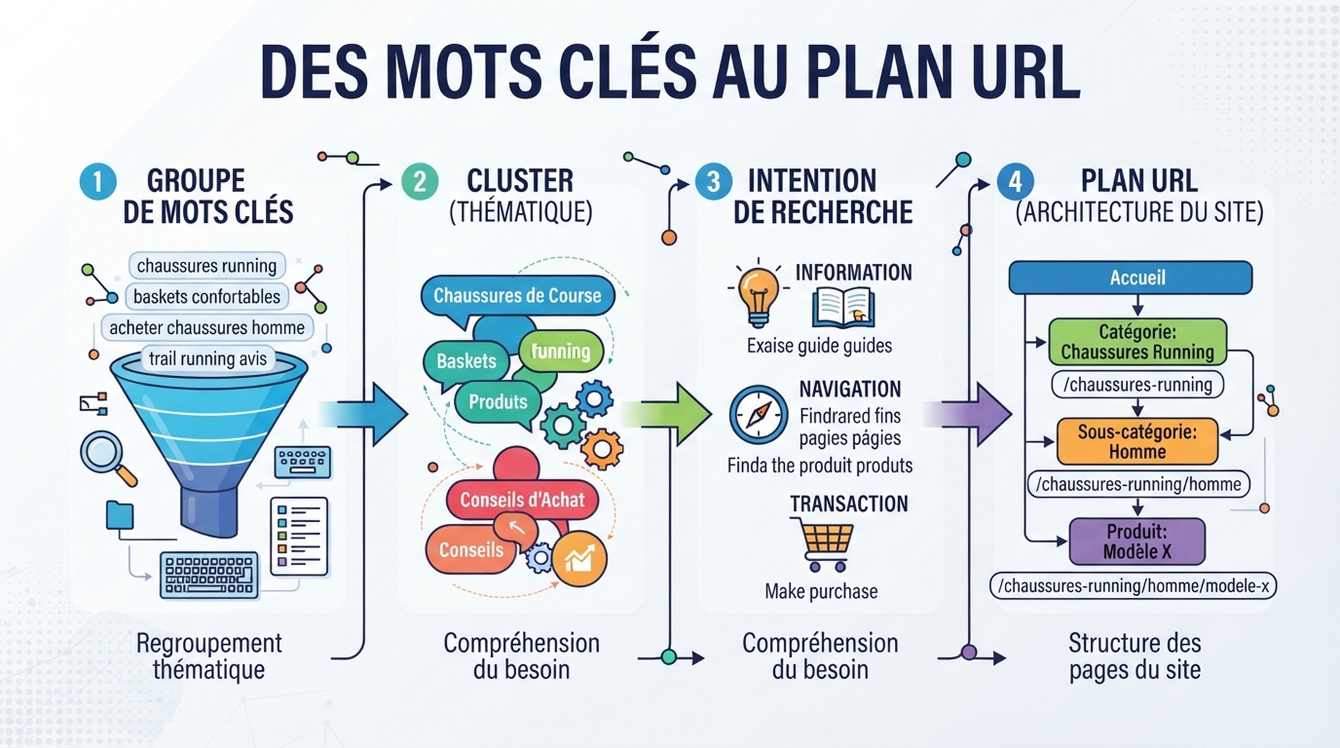 Infographie francaise montrant le passage de groupes de mots-cles aux clusters, a l'intention et aux plans d'URL