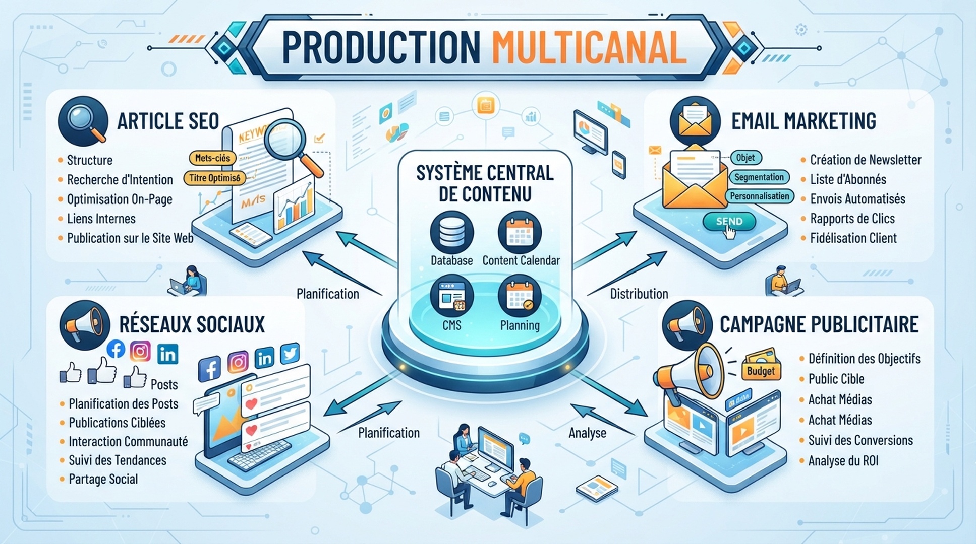 Infographie francaise de production multicanal pour article SEO, e-mail, campagne et reseaux sociaux