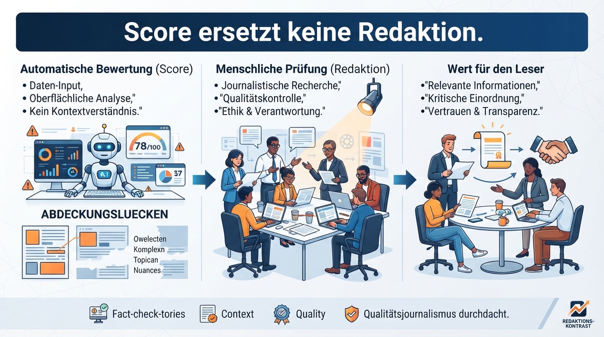 Deutschsprachige Infografik zu Abdeckungsluecken, menschlicher Pruefung und Leserwert bei Content-Optimierung