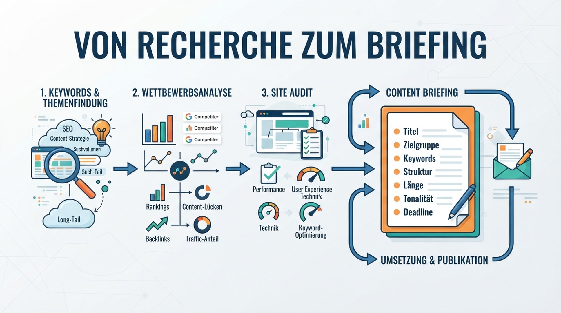 Deutschsprachige Infografik, die Keywords, Wettbewerber und Site-Audit-Daten mit einem Content-Briefing verbindet