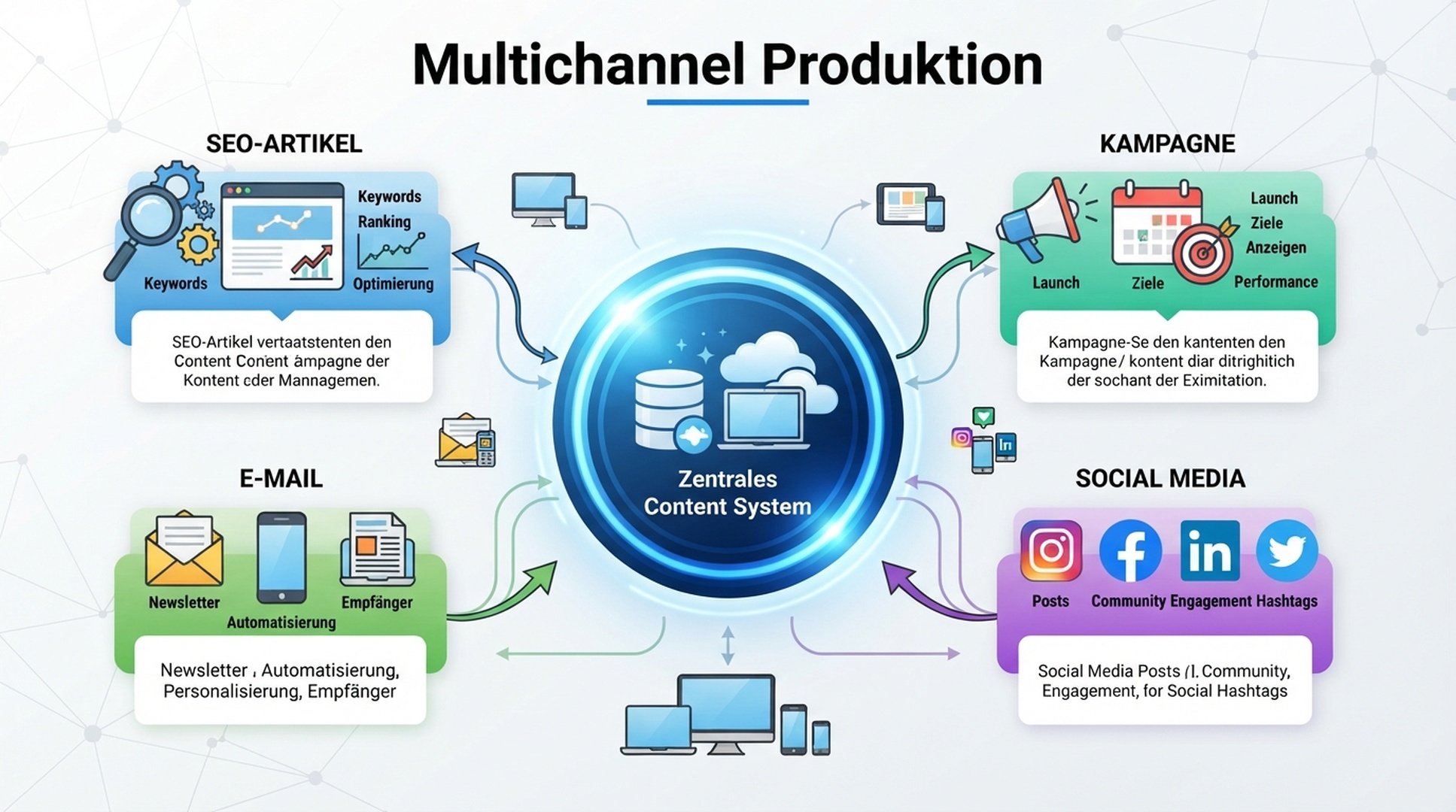 Deutschsprachige Infografik zur Multichannel-Produktion von SEO-Artikel, E-Mail, Kampagne und Social Content