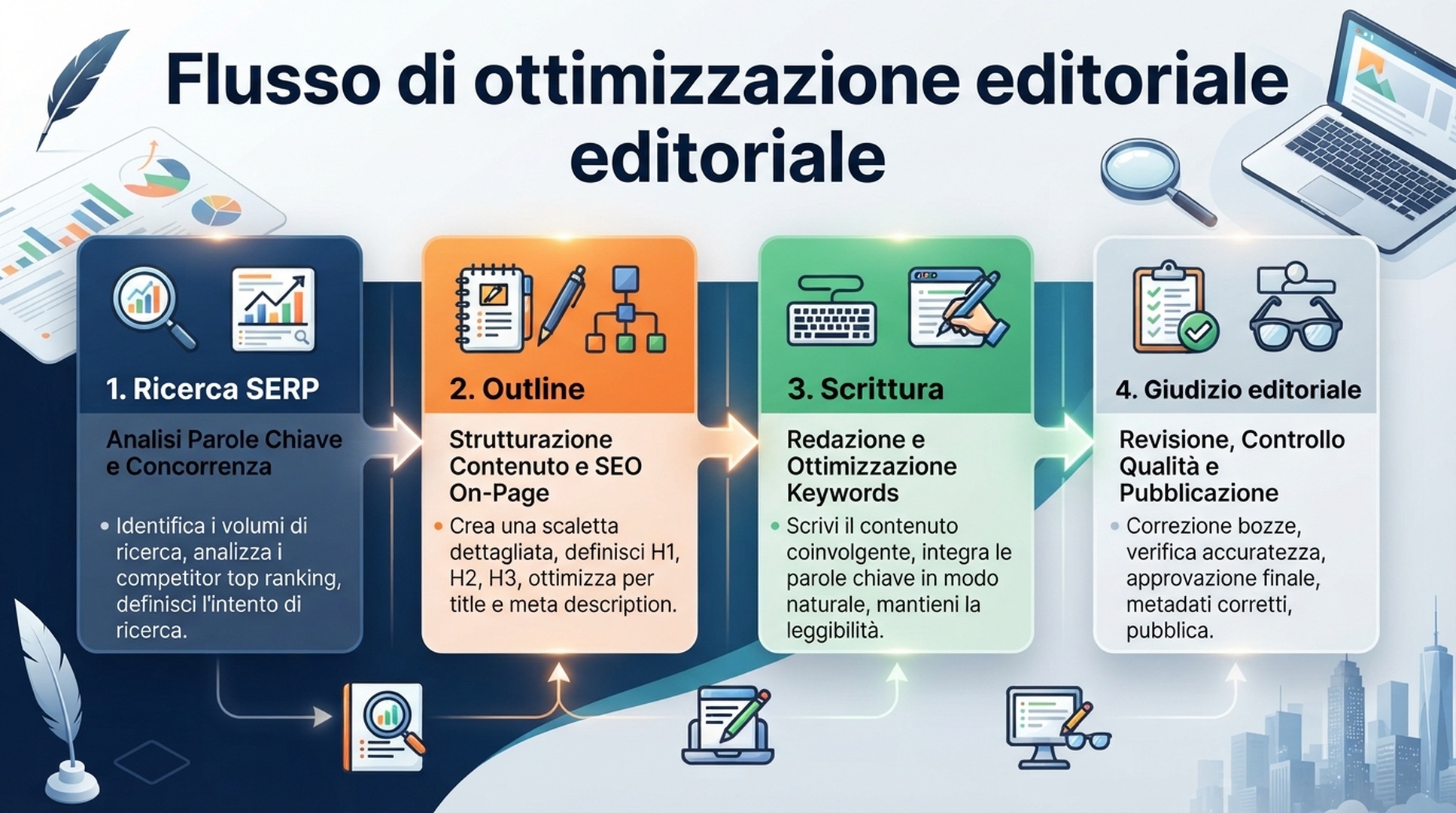 Infografica italiana del flusso di ottimizzazione editoriale dalla ricerca SERP alla decisione dell'editor