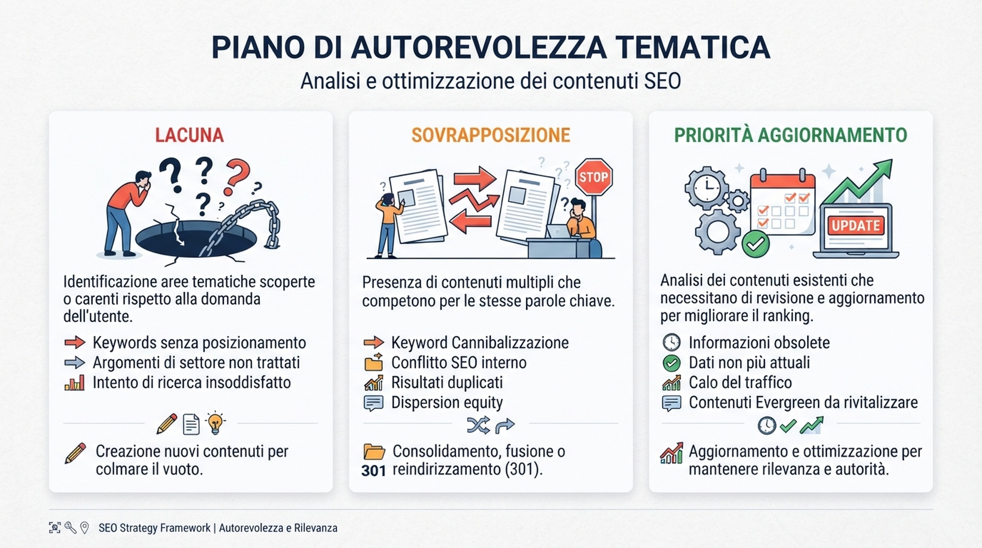 Infografica italiana di autorevolezza tematica che classifica pagine per lacuna, sovrapposizione e priorita di aggiornamento