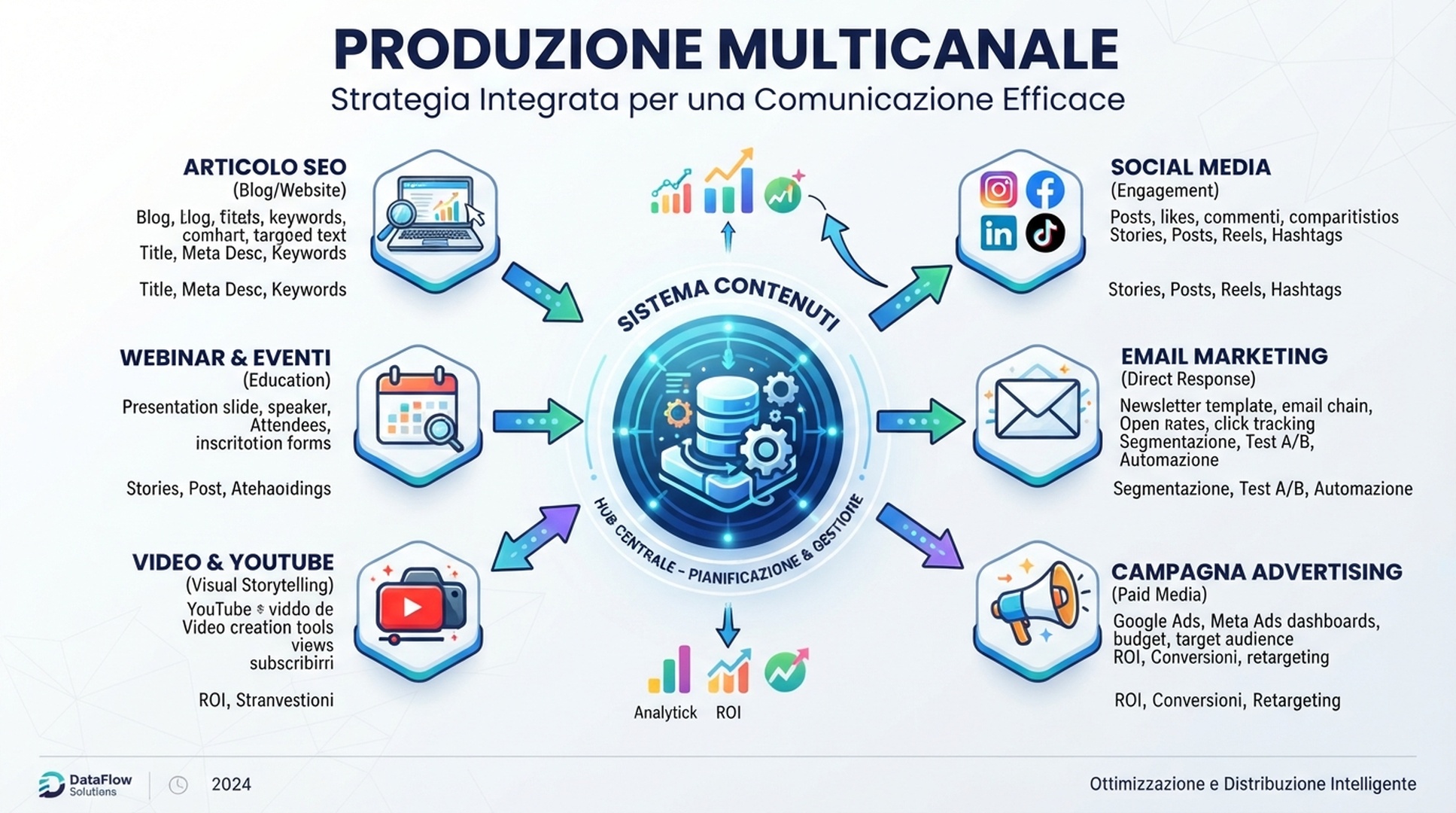 Infografica italiana sulla produzione multicanale di articolo SEO, email, campagna e social
