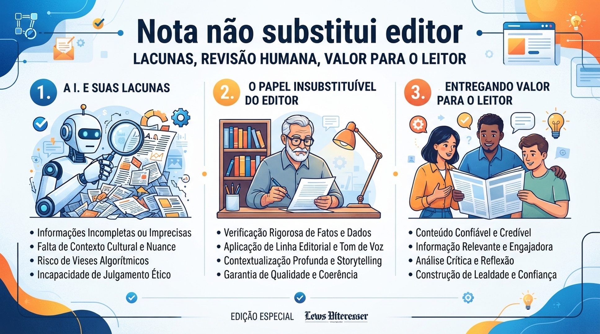 Infografico em portugues sobre lacunas de cobertura, revisao humana e valor para o leitor na otimizacao de conteudo
