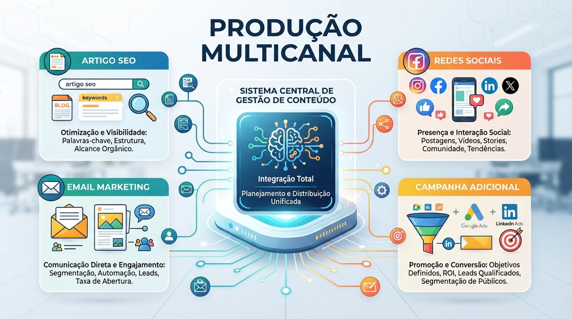 Infografico em portugues sobre producao multicanal de artigo SEO, email, campanha e redes sociais