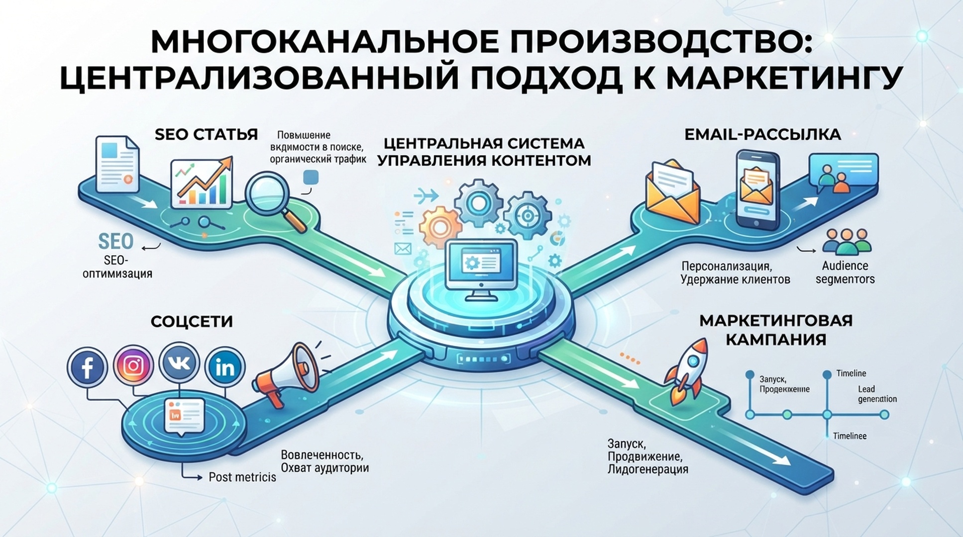 Русскоязычная инфографика многоканального производства SEO-статьи, email, кампании и соцсетей