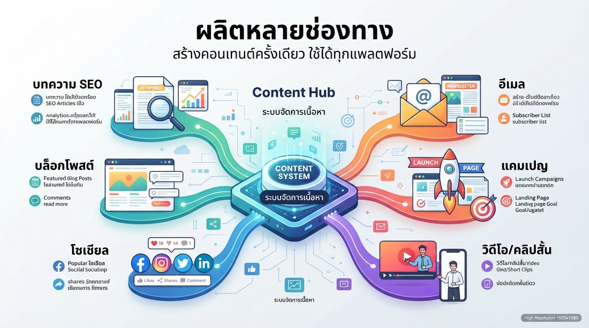 อินโฟกราฟิกภาษาไทยเรื่องการผลิตหลายช่องทางสำหรับบทความ SEO อีเมล แคมเปญ และโซเชียล