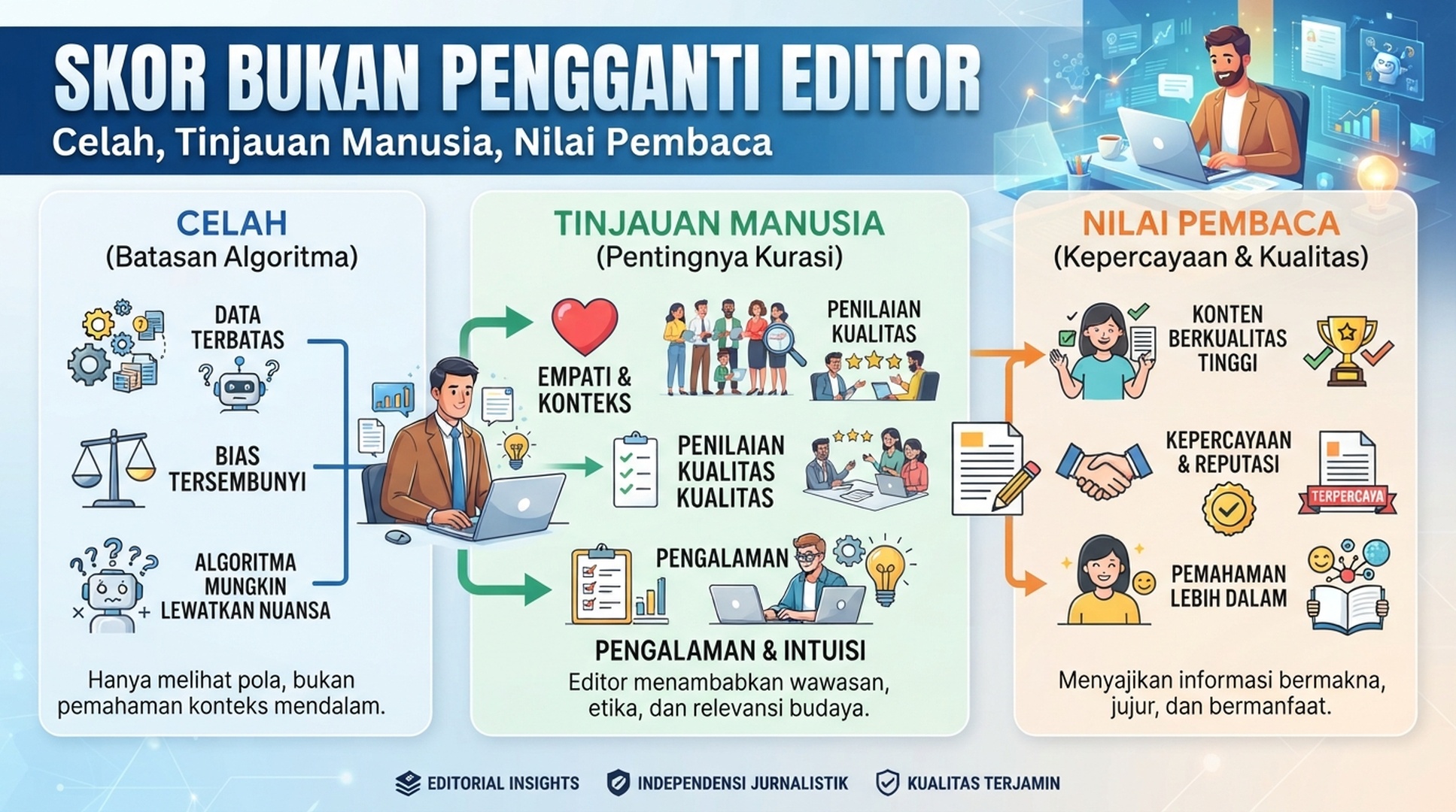 Infografik Indonesia tentang celah cakupan, tinjauan manusia, dan nilai pembaca dalam optimasi konten