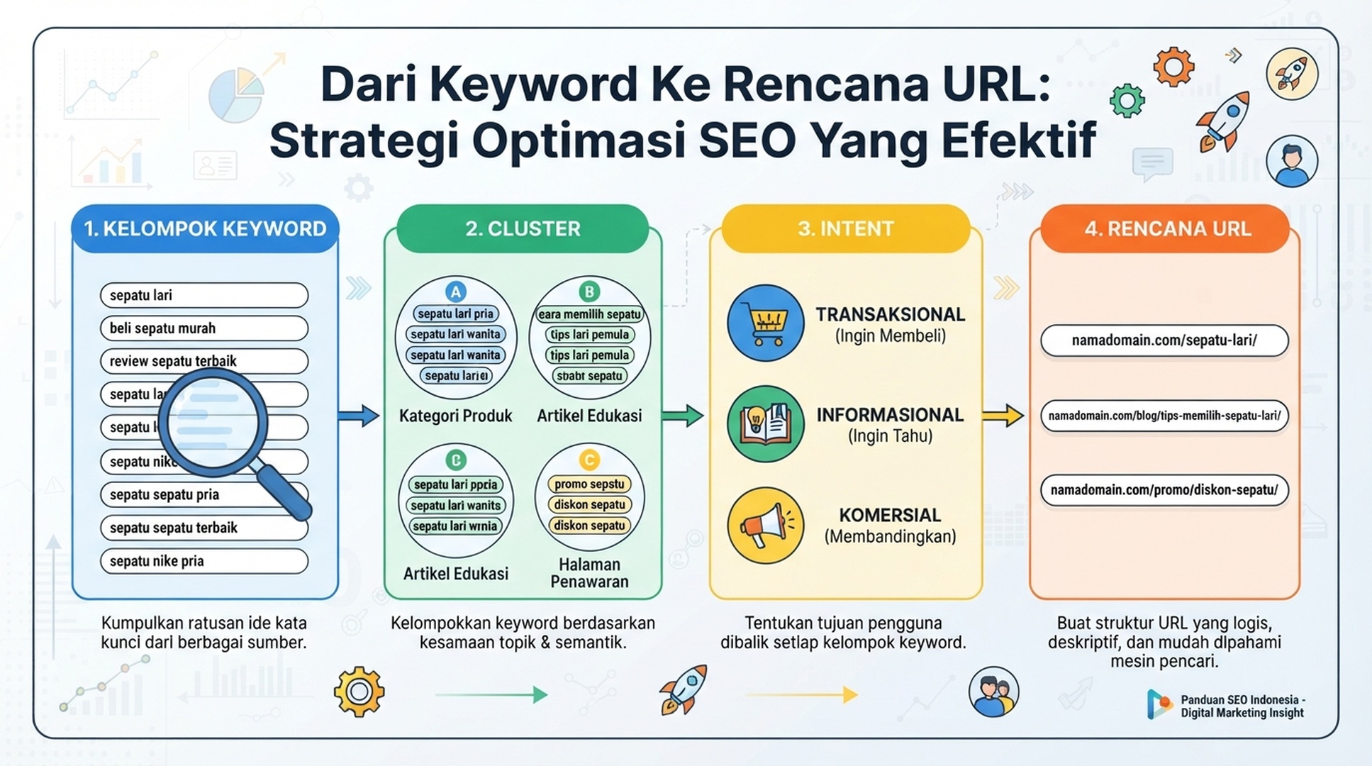 Infografik Indonesia dari kelompok keyword ke cluster, intent pencarian, dan rencana URL