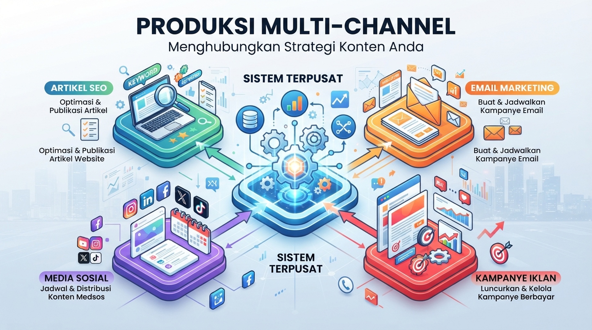 Infografik Indonesia tentang produksi multi-channel untuk artikel SEO, email, kampanye, dan sosial