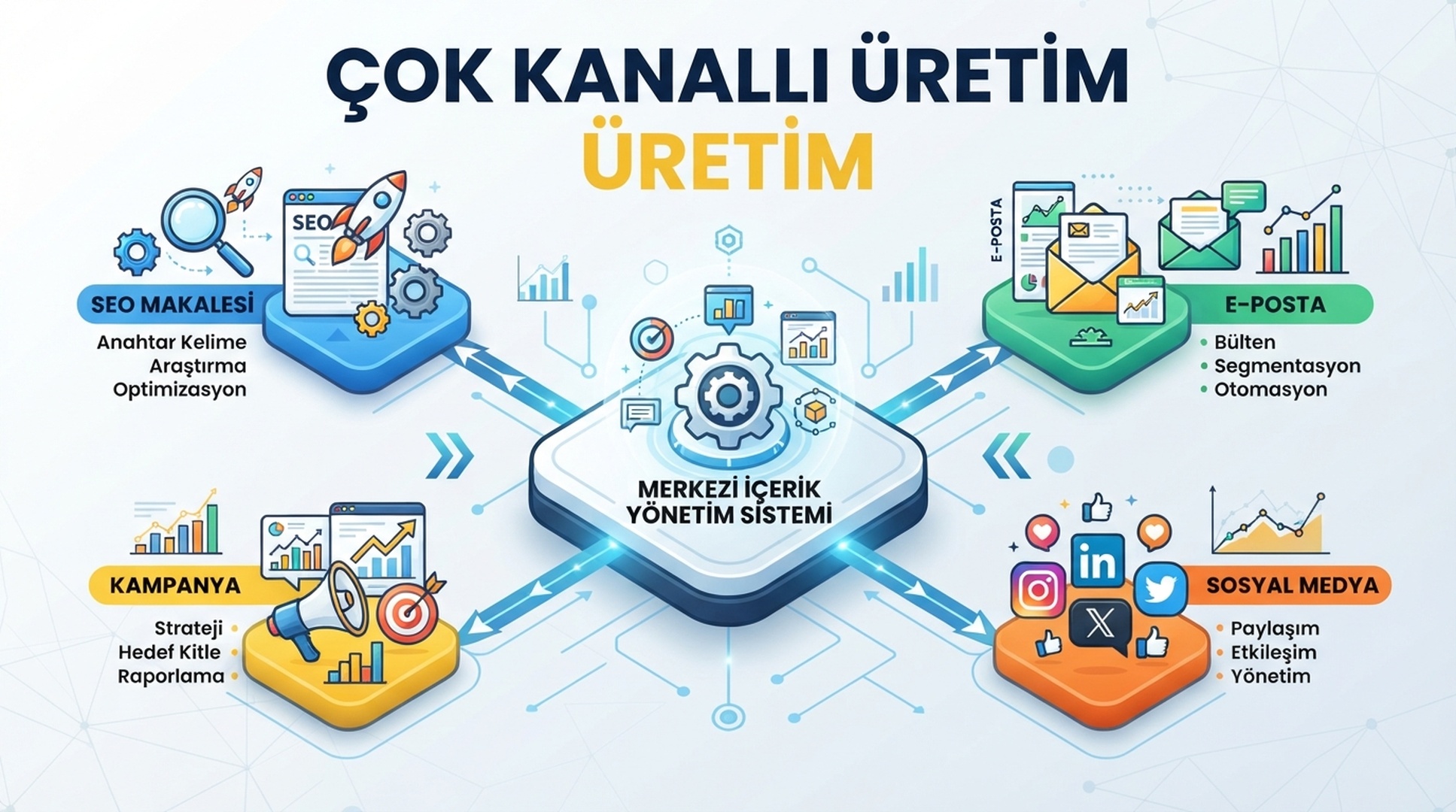 SEO makalesi, e-posta, kampanya ve sosyal icerik icin cok kanalli uretimi gosteren Turkce infografik